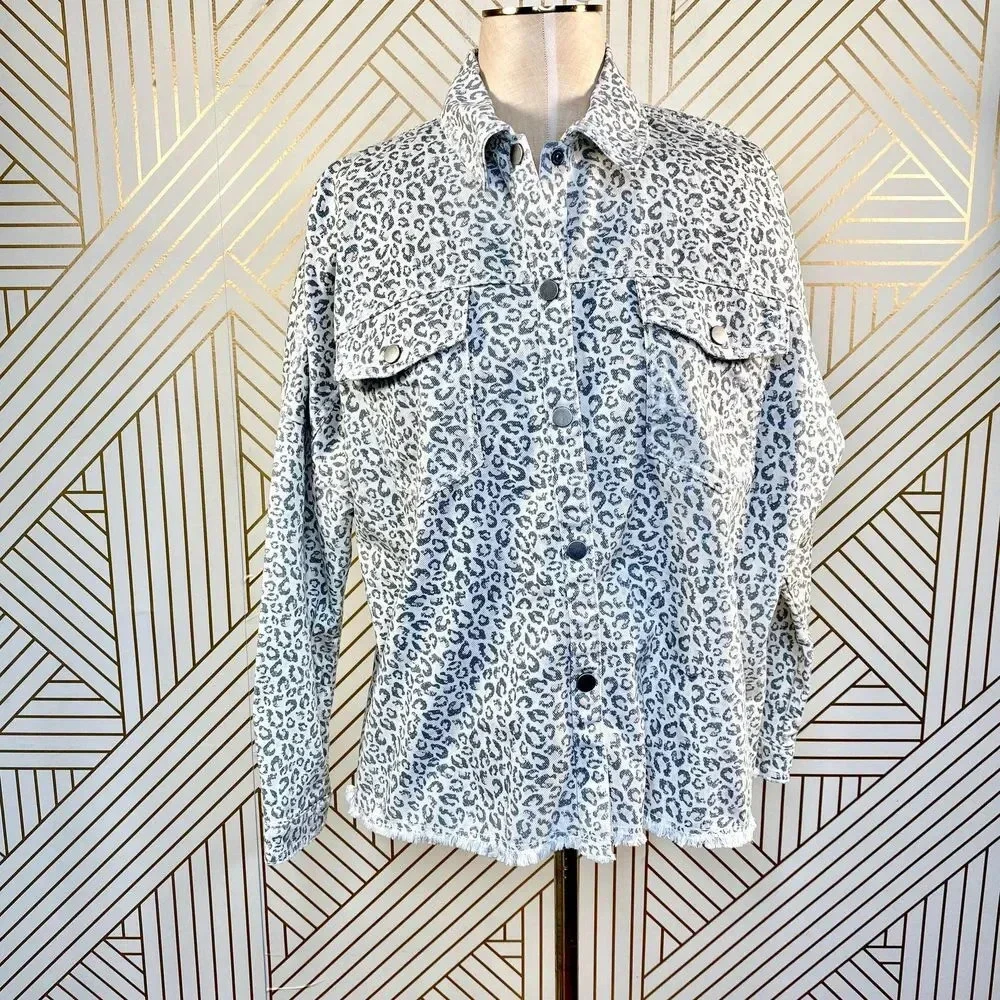 Zara Jacket Animal Print Overshirt Button Down Frayed Leopard‎ Gray Size Small
